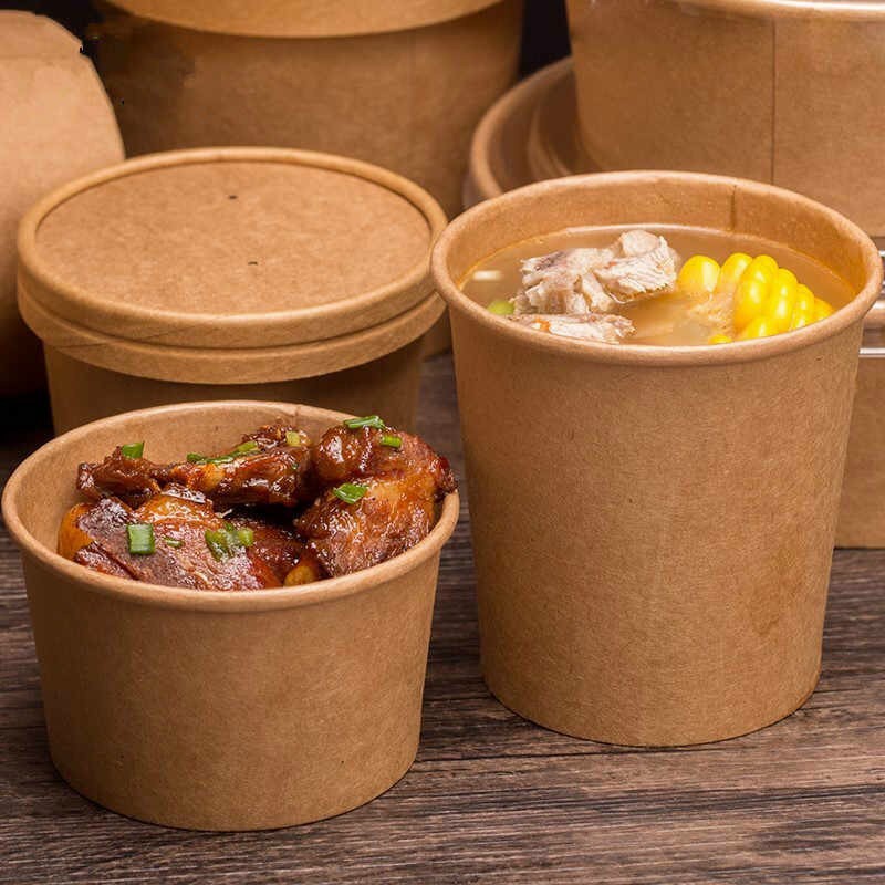 Ly Soup, Ly đựng súp, Ly đựng kem giấy Kraft nâu kèm nắp giấy