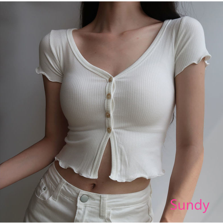 Áo Croptop Cổ Chữ V Phối Nút Thời Trang Mùa Hè Cho Nữ