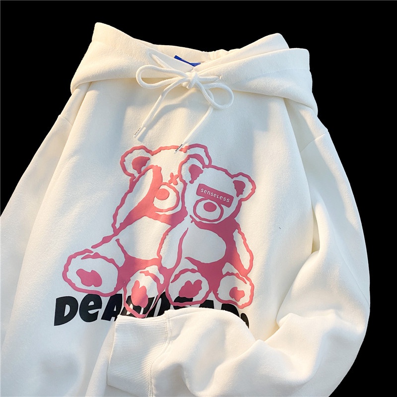 Áo hoodie ZHELIHANGFEI tay dài dáng rộng in hình gấu phong cách Preppy