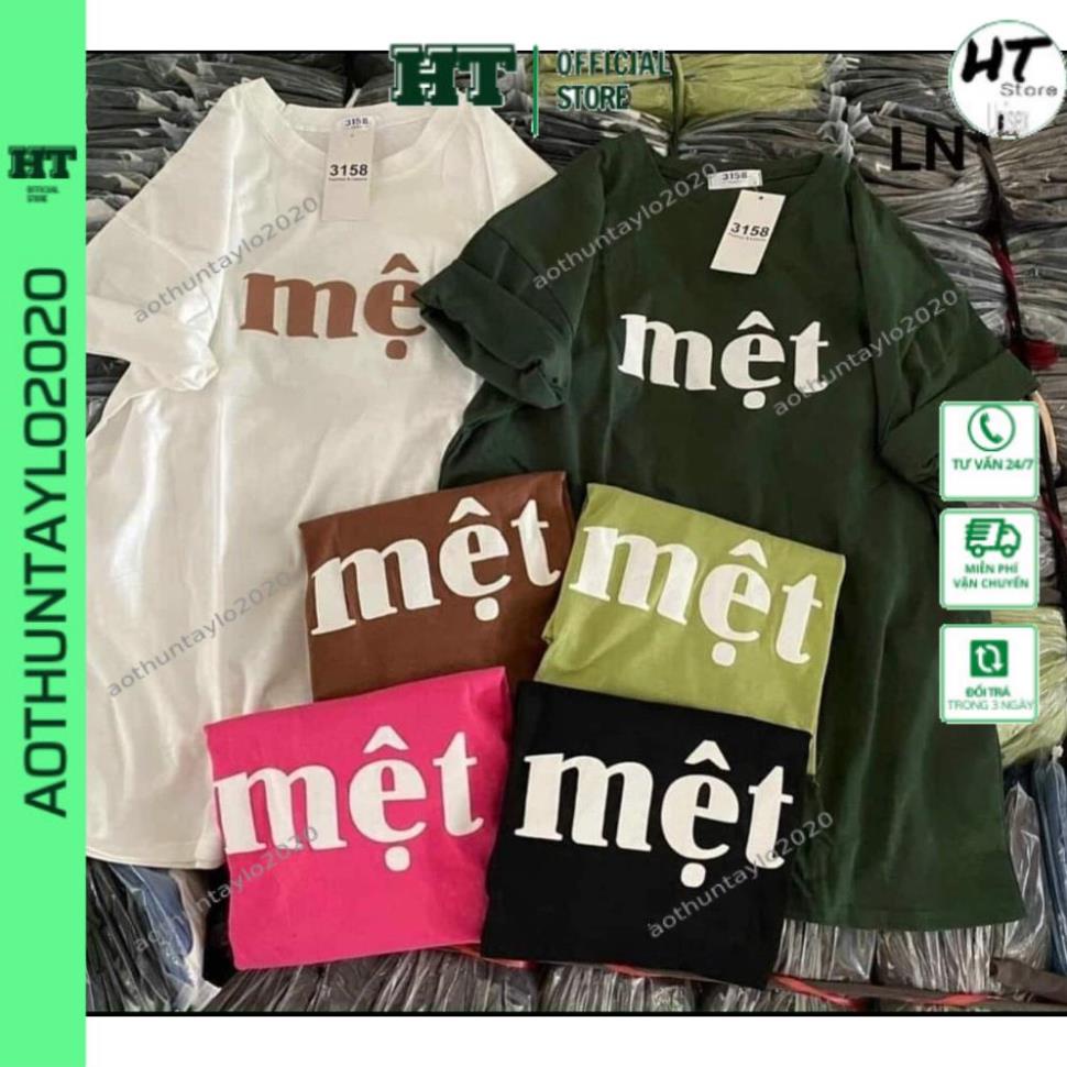 Áo phông nữ HTSTORE Áo thun tay lỡ hottrend 2022 in chữ Ừ - Mệt- Lười- Alo - Khùm from rộng unisex màu xanh, đen,trắng