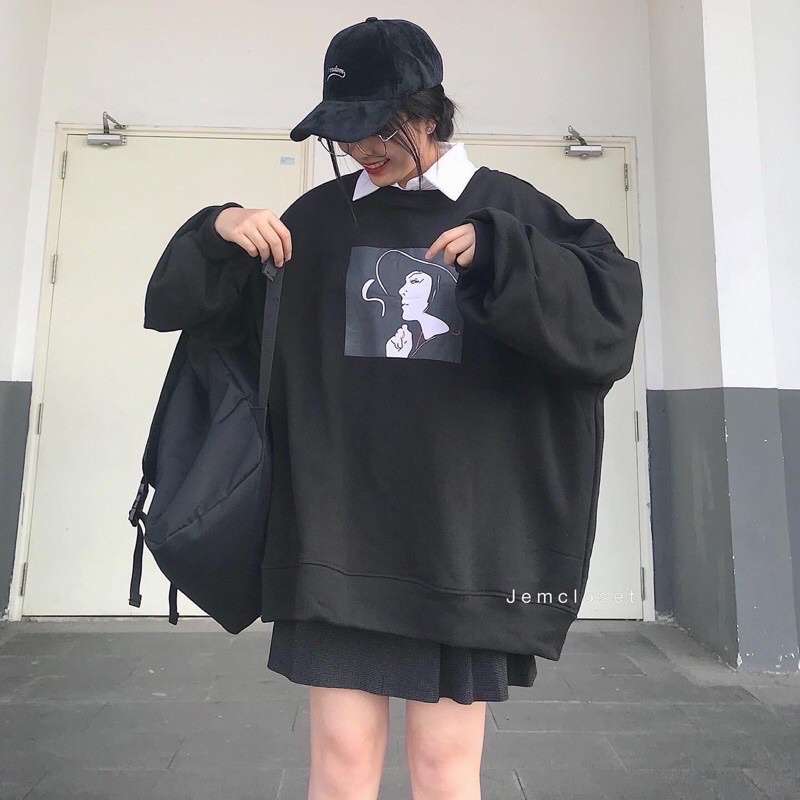 Áo Thun Cô Gái, đôi bạn❤ Sweater tay dài Unisex  nam nữ tay lỡ Oversize form rộngThời trang Thu đông ấm áp, nỉ cotton