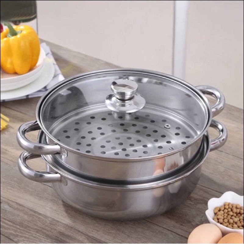 Nồi Hấp Inox 2 Tầng Size 28cm Nắp Thuỷ Tinh Cao Cấp, Nồi Lẩu Kiêm Nồi Hấp Dùng Được Bếp Gas Và Bếp Từ