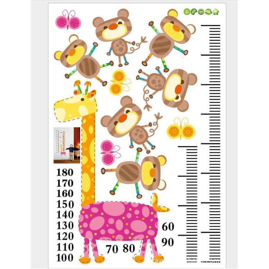 Decal dán tường thước đo hươc cao cổ và chú mèo hoạt hình