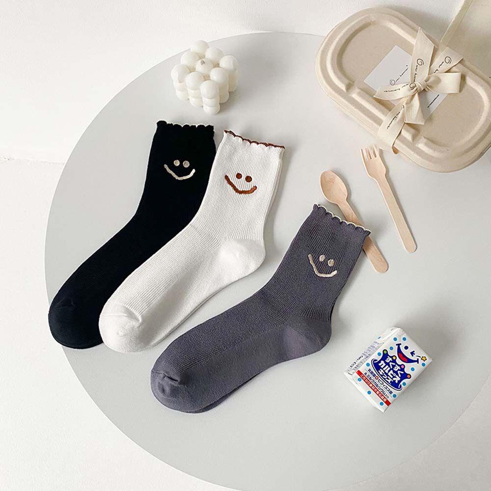 Vớ Cotton Màu Trơn In Họa Tiết Mặt Cười Phong Cách Hàn Quốc Thời Trang Thu Đông Cho Nữ