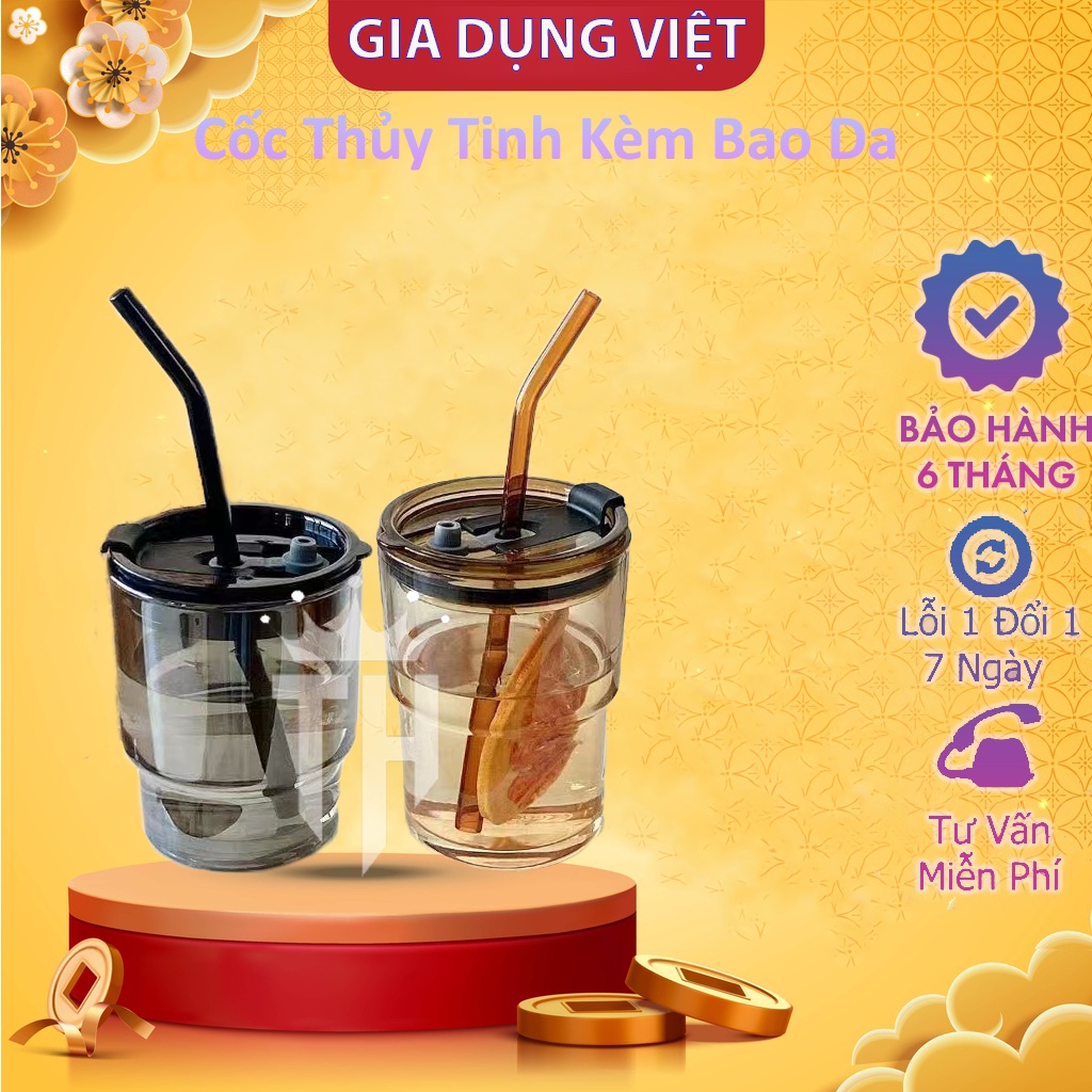 Cốc thủy tinh hổ phách GorGous bọc da sang chảnh chống bỏng có nắp kín kèm cao cấp 450ml
