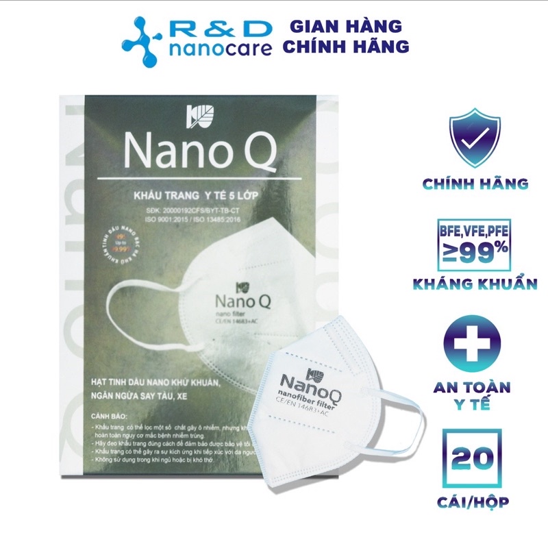 Khẩu trang y tế N95 NanoQ 5 lớp có màng lọc Nano tinh dầu (1 HỘP) kháng khuẩn ngăn bụi mịn ôm khít mặt và giặt dùng lại