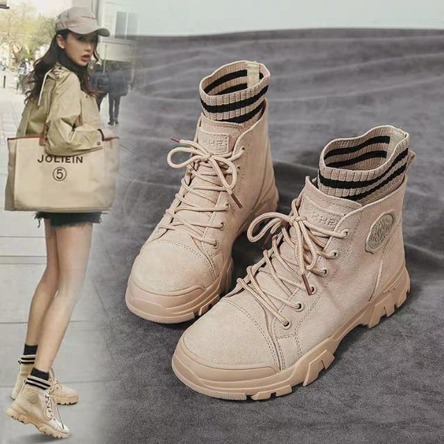 [HÀNG SẴN QUẢNG CHÂU] Giày Boots cổ chun kẻ sọc độn đế 4.5cm năng động cá tính chất lừ