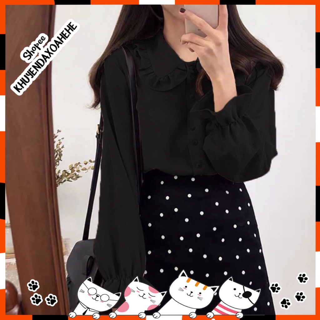 A002 Áo sơ mi nữ đen kiểu Hàn Quốc cổ bèo tay bồng tiểu thư nữ tính, áo ulzzang thô đũi vintage retro lolita búp bê JK | BigBuy360 - bigbuy360.vn