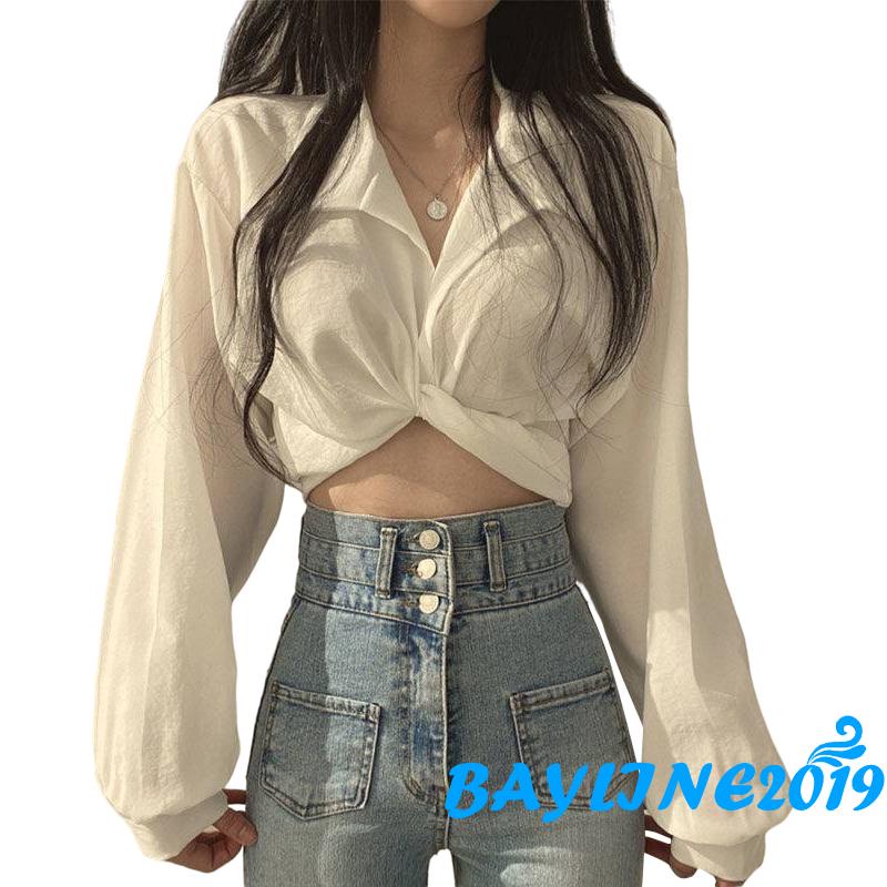 Áo Croptop Tay Dài Cổ Bẻ Màu Trơn Thiết Kế Độc Đáo Thời Trang Cho Nữ