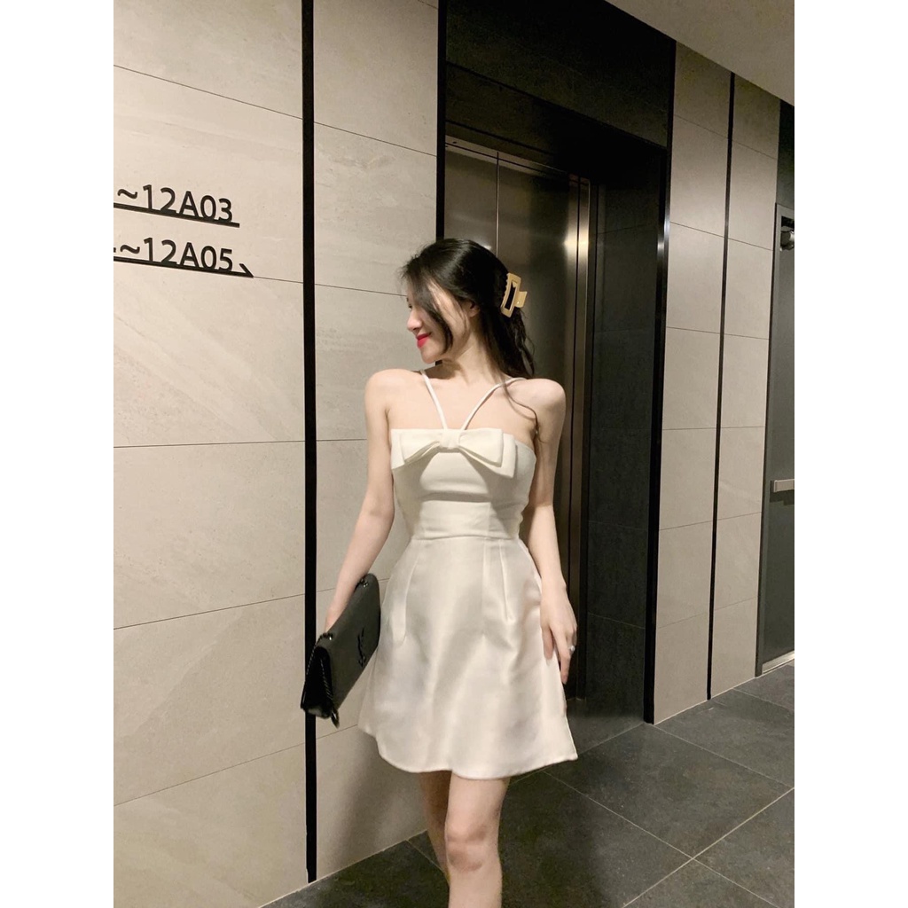 Váy 2 Dây Cách Điệu Nơ Ngực 2 Màu ĐEN/TRẮNG