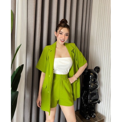 Áo Blazer Cộc Tay Kèm Quần Short Nhiều Màu, Bộ Vest Nữ 4 Cúc Phong Cách Hàn Quốc Đẹp