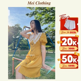 Váy vàng phối cổ ren, váy đầm thiết kế