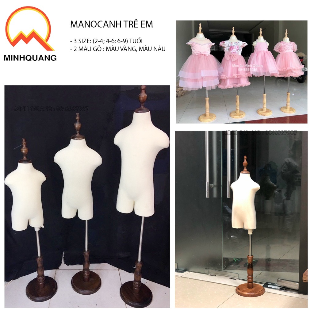 Manocanh trẻ em đủ 3 size  tuổi thân nhựa bọc vãi, chân bằng gỗ tự nhiên đế tròn và vuông
