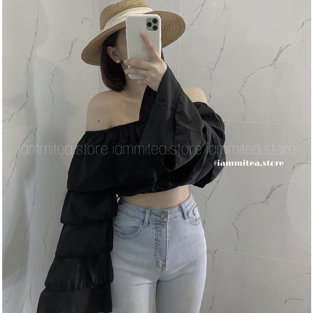 Áo Croptop Trễ Vai Bánh Bèo Tay Ống Loe Xếp Nhiều Tầng Siêu Xinh Xinh A5299