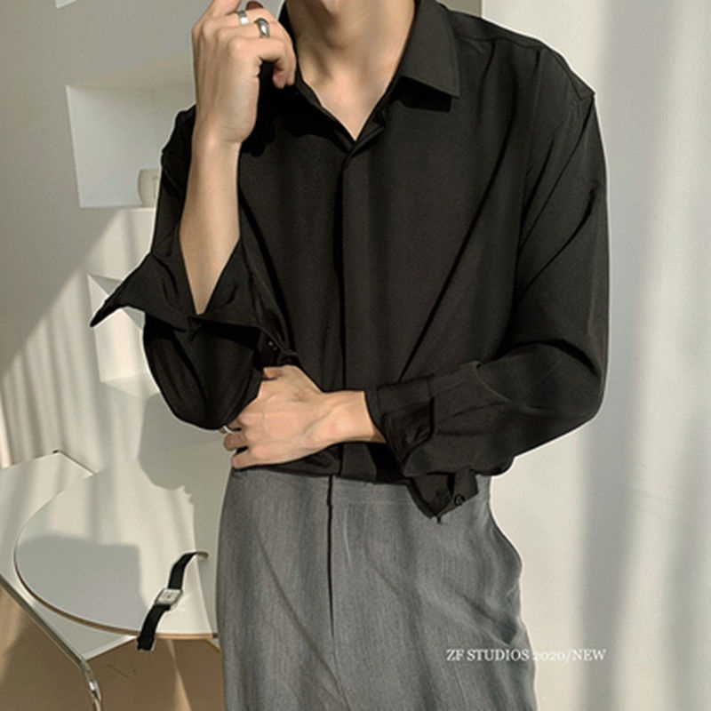 Áo sơ mi lụa Mavota áo sơ mi trắng dài tay giấu khuy unisex form rộng Hàn Quốc ASM41