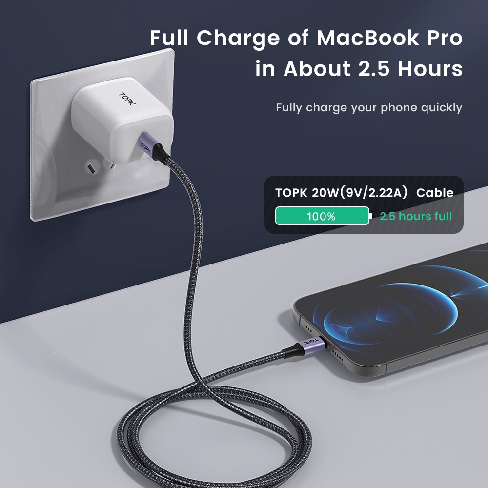 Dây cáp sạc TOPK AP15 20W PD dây bện chất lượng cao thích hợp cho iPhone 13 12 11 Pro Max XR X 8 7 6 Plus iPad