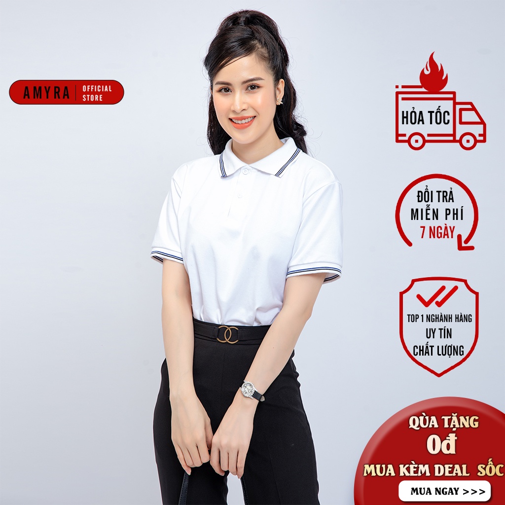 Áo thun Nữ Nam Polo ngắn tay Cotton có cổ cao cấp - Áo Phông nam nữ Polo Trơn phối viền đẹp,vải mềm,co giãn - AMYRA A023