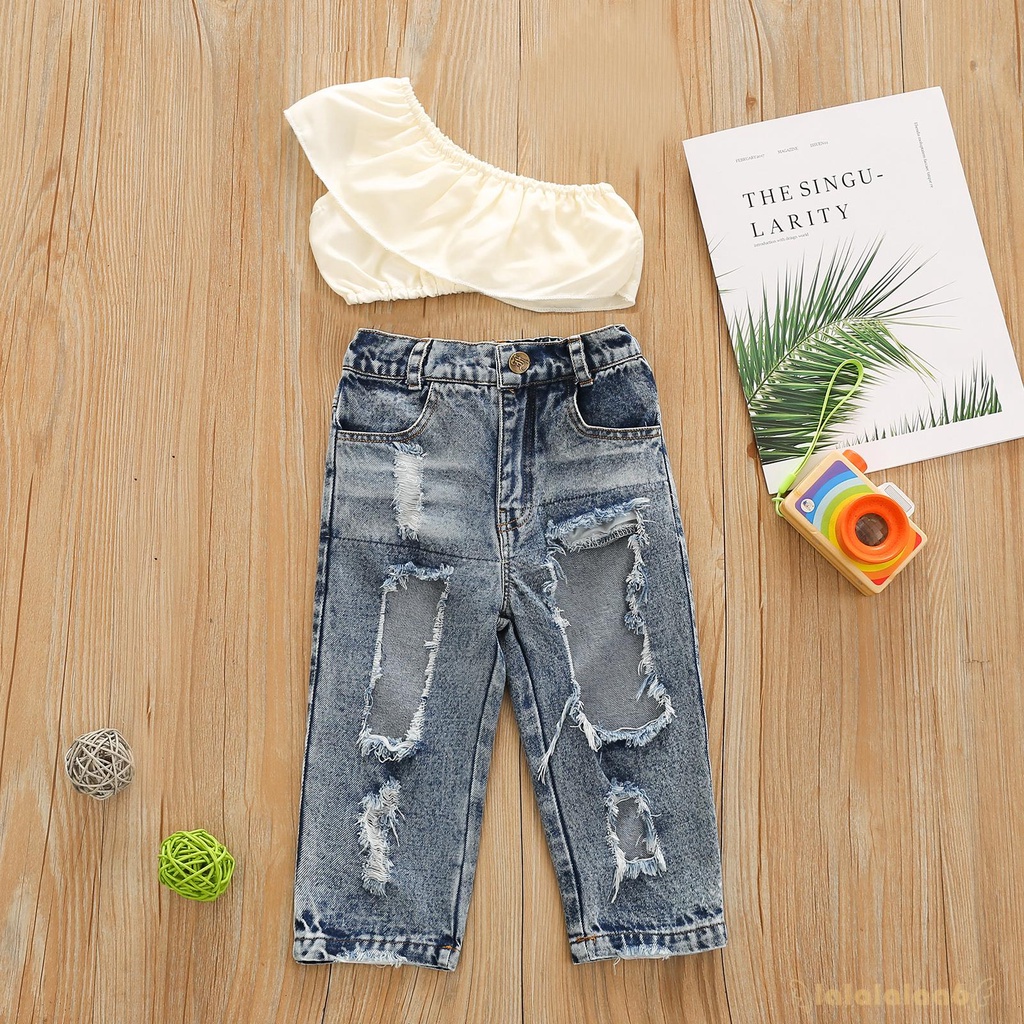 Set Đồ Mùa Hè 2 Món Gồm Áo Croptop Màu Trơn Sát Nách + Quần Jean Rách Cho Bé Gái Laa6