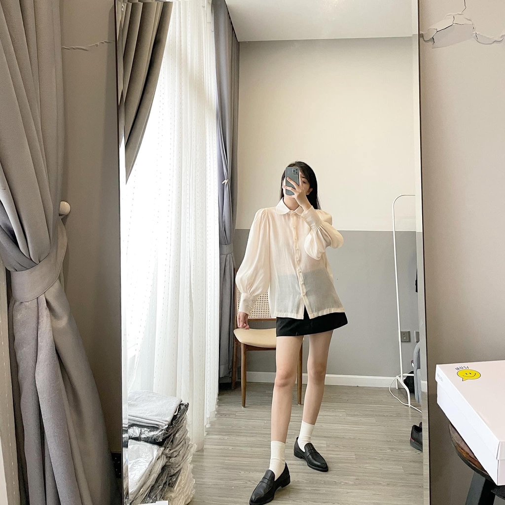 Áo sơ mi nữ tay bồng cổ sen chất tơ xốp nhũ - áo sơ mi công sở nữ 122