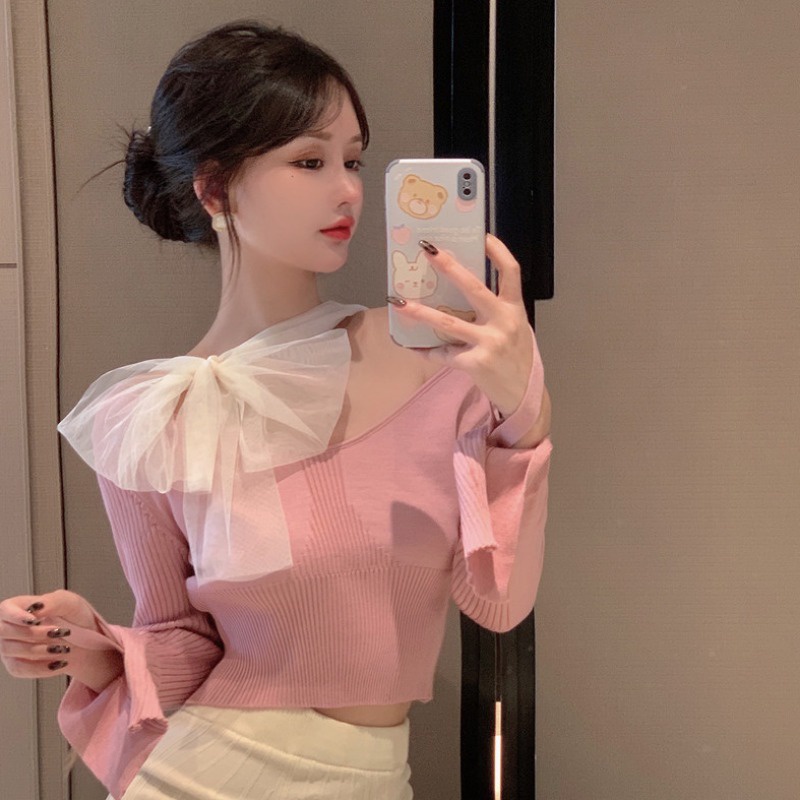 Áo len tay dài cổ tròn phối lưới thắt nơ phong cách Hong Kong thời trang mùa thu cho nữ