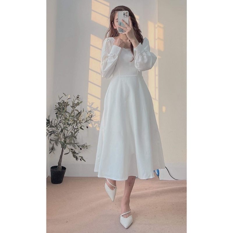 Đầm - Váy trắng cổ vuông dài tay thắt nơ tiểu thư - Đầm dự tiệc siêu xinh