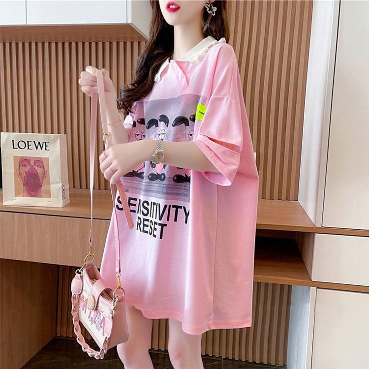 Áo polo Ngắn Tay Dáng Rộng Thêu Họa Tiết Hoạt Hình Thời Trang Mùa Hè Cho Nữ