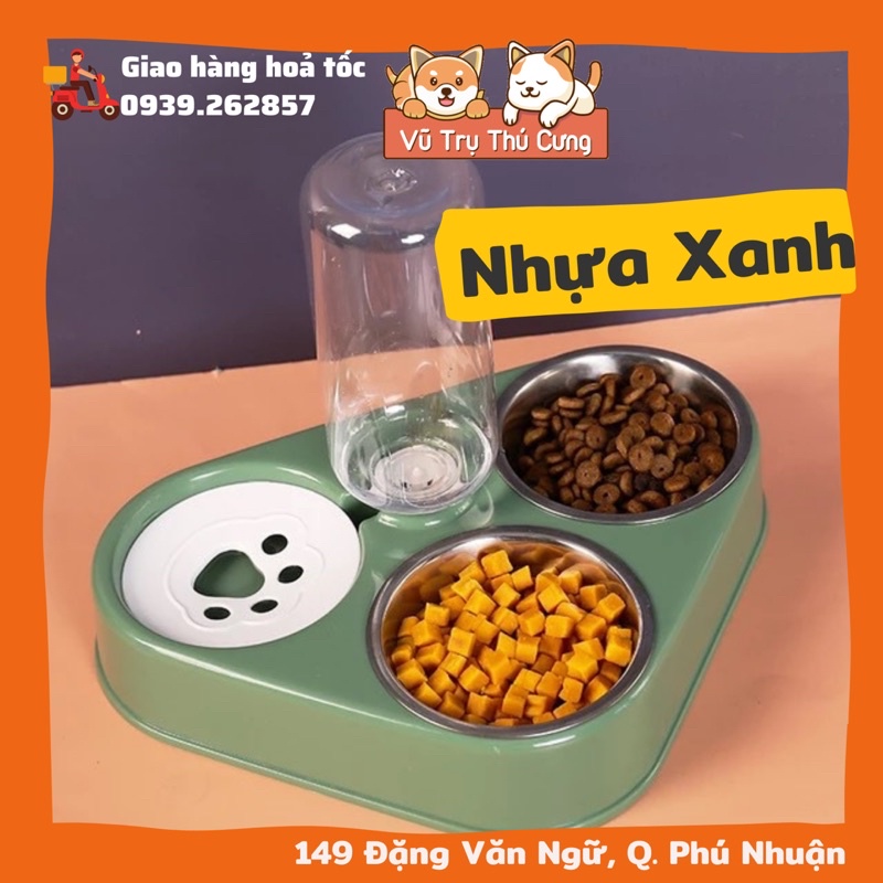 Bát ăn ba ngăn cho chó mèo gỗ MDF kèm 3 bát ăn inox, bát ăn chống gù lưng cho chó mèo