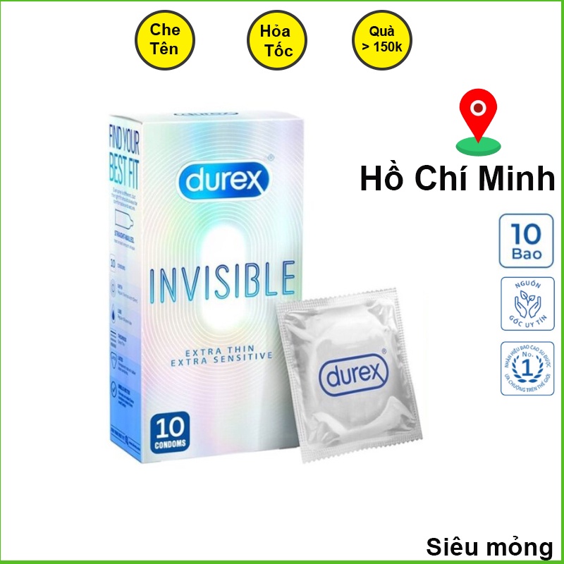 Bao cao su Siêu Mỏng Chính hãng Durex Invisible 10 bao, Tặng kèm hộp 3 bao siêu mỏng nhiều gel