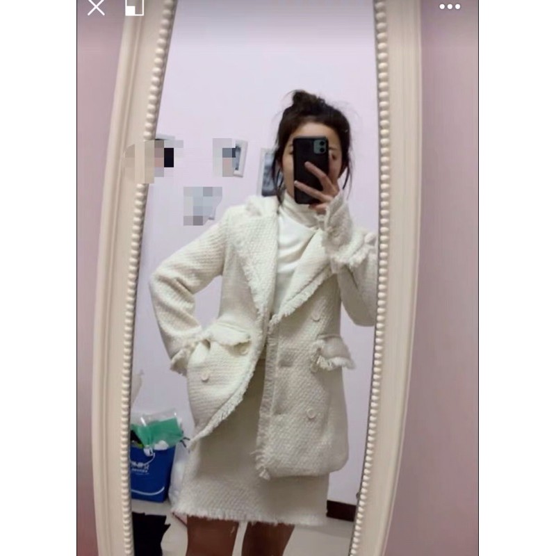 Set áo khoác vest dạ tweed và chân váy ngắn dạ tweed