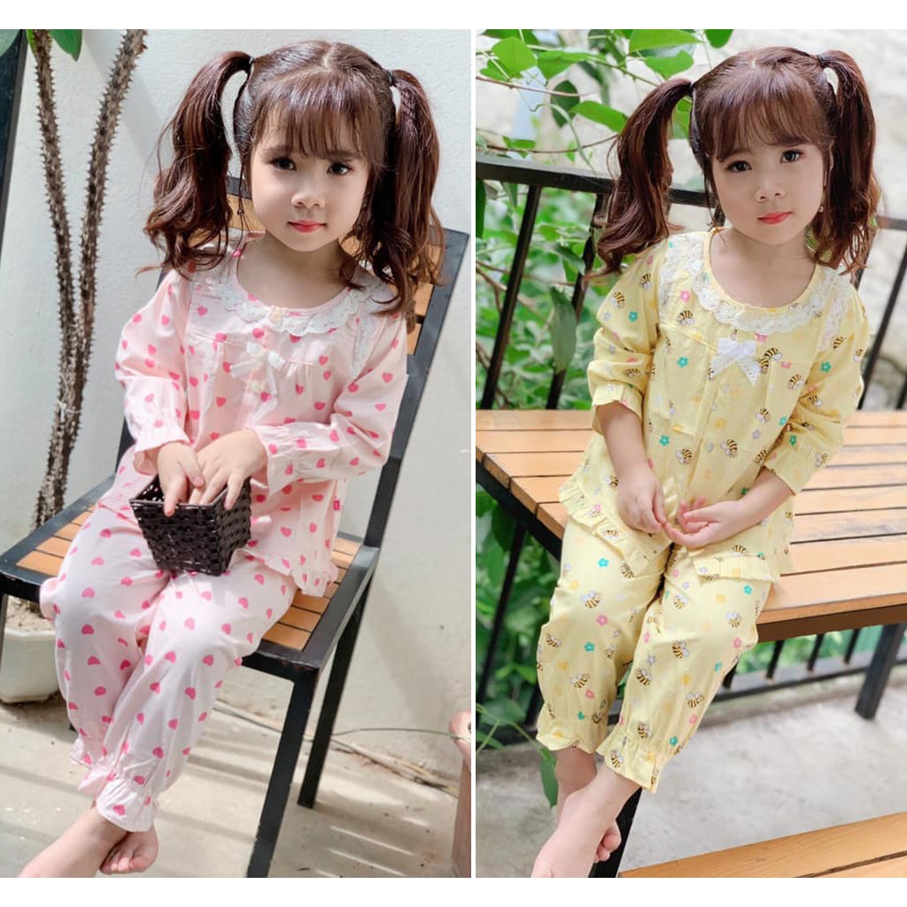 Combo 2 bộ pijama thô lụa viền ren cho bé gái từ 8kg đến 25kg