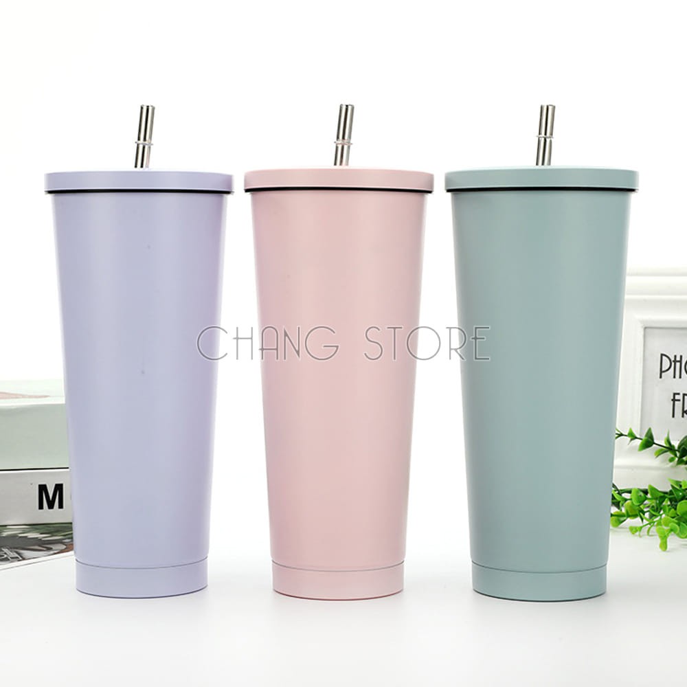 Ly giữ nhiệt inox 500ml có ống hút, bình giữ nhiệt có lớp chân không chống ra mồ hôi tiện lợi