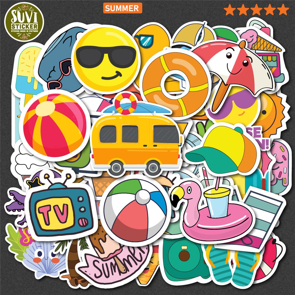 50 Sticker dán Summer Set 2 chống nước sticker dán nón bảo hiểm, xe, laptop, điện thoại, vali. MSP: T07