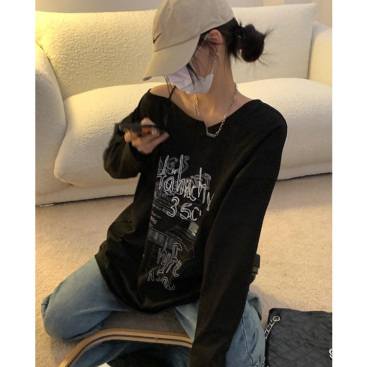 Ethelgirl Áo Thun Tay Dài Trễ Vai Họa Tiết Độc Đáo Phong Cách Cổ Điển Thời Trang Hàn Quốc Cho Nữ