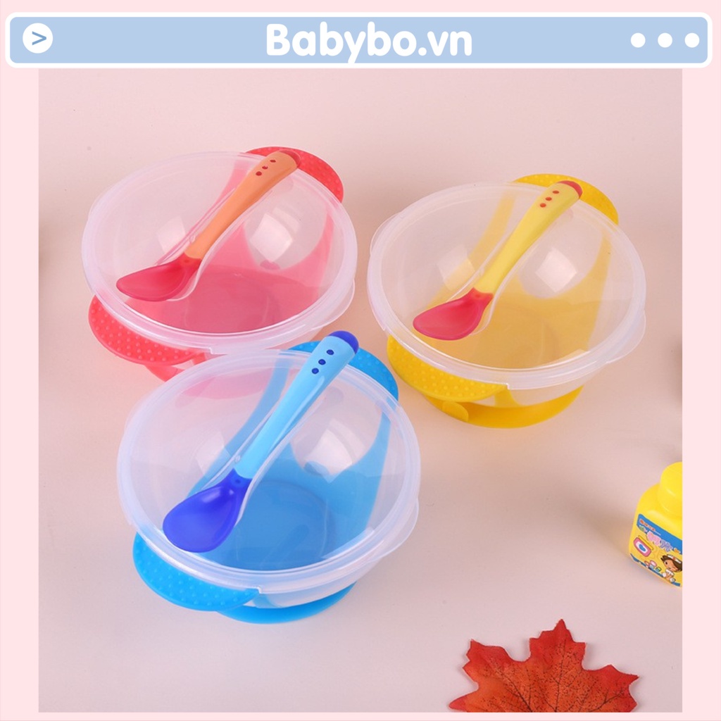 Bát ăn dặm có đế hút chống đổ kèm thìa cảnh báo đồ ăn quá nóng bảo vệ bé khỏi bị bỏng