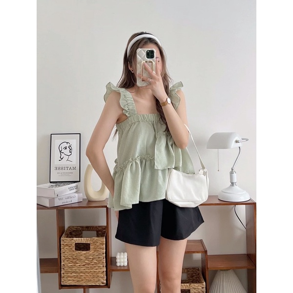 [Ảnh thật/Video] Set babydoll kẻ 058 Mới gồm áo 2s bản to và quần đen xinh xắn