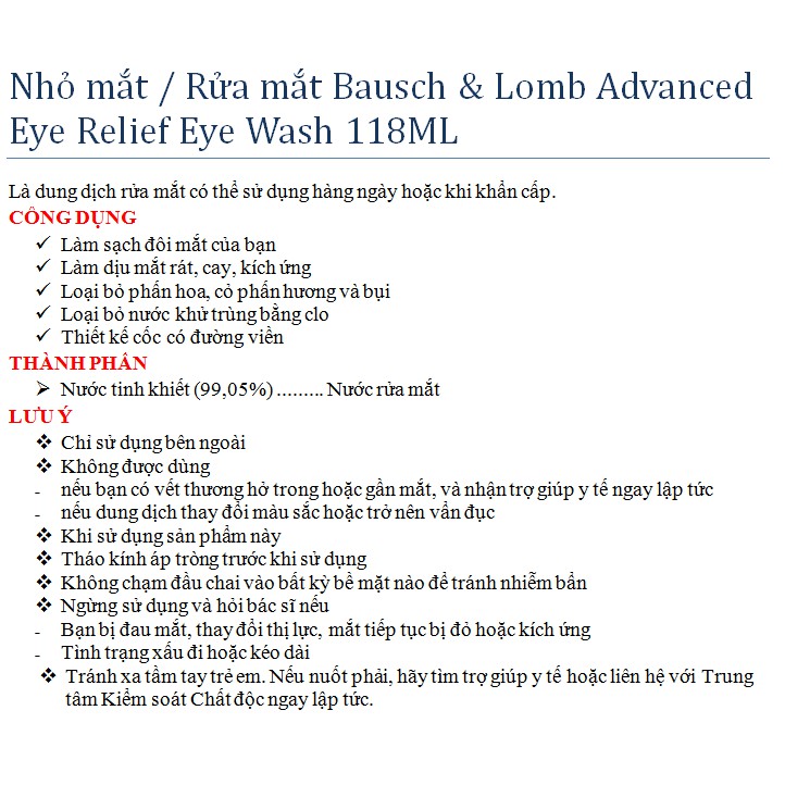 [DATE 2/2023] Nhỏ mắt / Rửa mắt Bausch &amp; Lomb Advanced Eye Relief Eye Wash 118ML