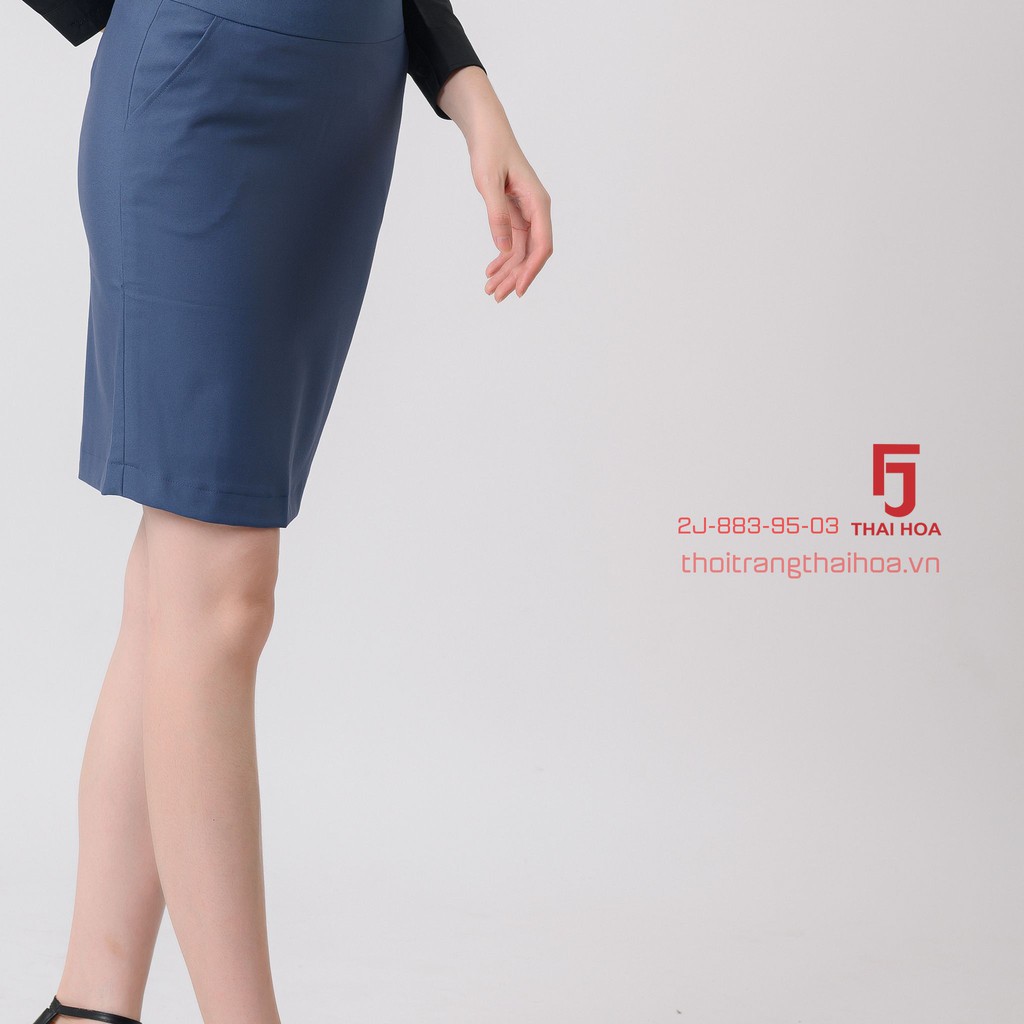 Chân váy dài  công sở nữ Thái Hòa, màu xanh, dáng ôm, vải nhẹ, độ bền màu cao 2J883-95-01