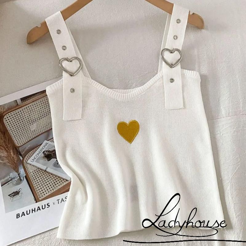 LDD-Women´s Summer Mini Knitted Camisole Sleeveless Adjustable Shoulder Strap Heart Print Sling Vest