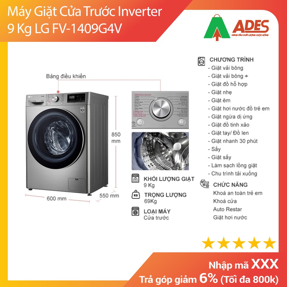 Máy Giặt Cửa Trước Inverter 9 Kg LG FV-1409G4V | Bảo Hành 24 Tháng