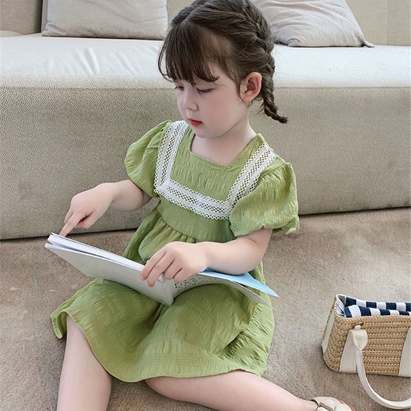 Đầm Thời Trang Mùa Hè Tay Cộc Màu Xanh Bơ Xanh Phong Cách Phương Tây Mới Cho Bé Gái