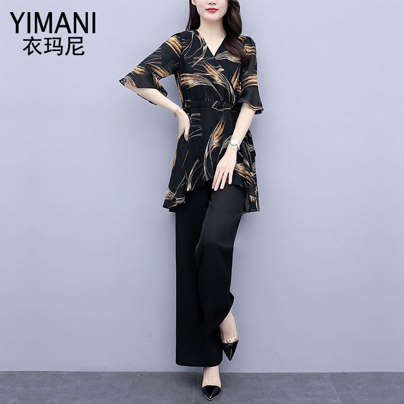 Váy mùa hè cho bà mẹ trung niên mới Yimani đơn / bộ đồ nữ mùa hè 2021 thời trang mới áo voan rộng bụng quần ống rộng bộ