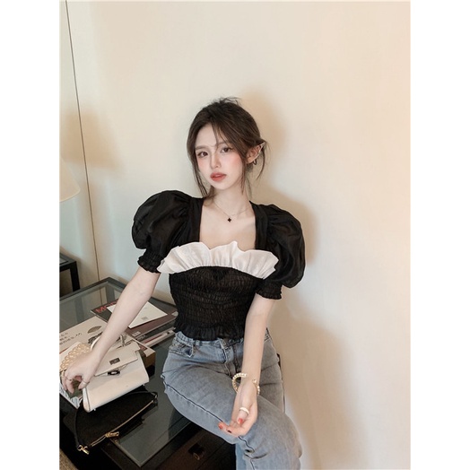 COZOK Áo sơ mi tay ngắn phồng màu đen thời trang mùa hè cho nữ