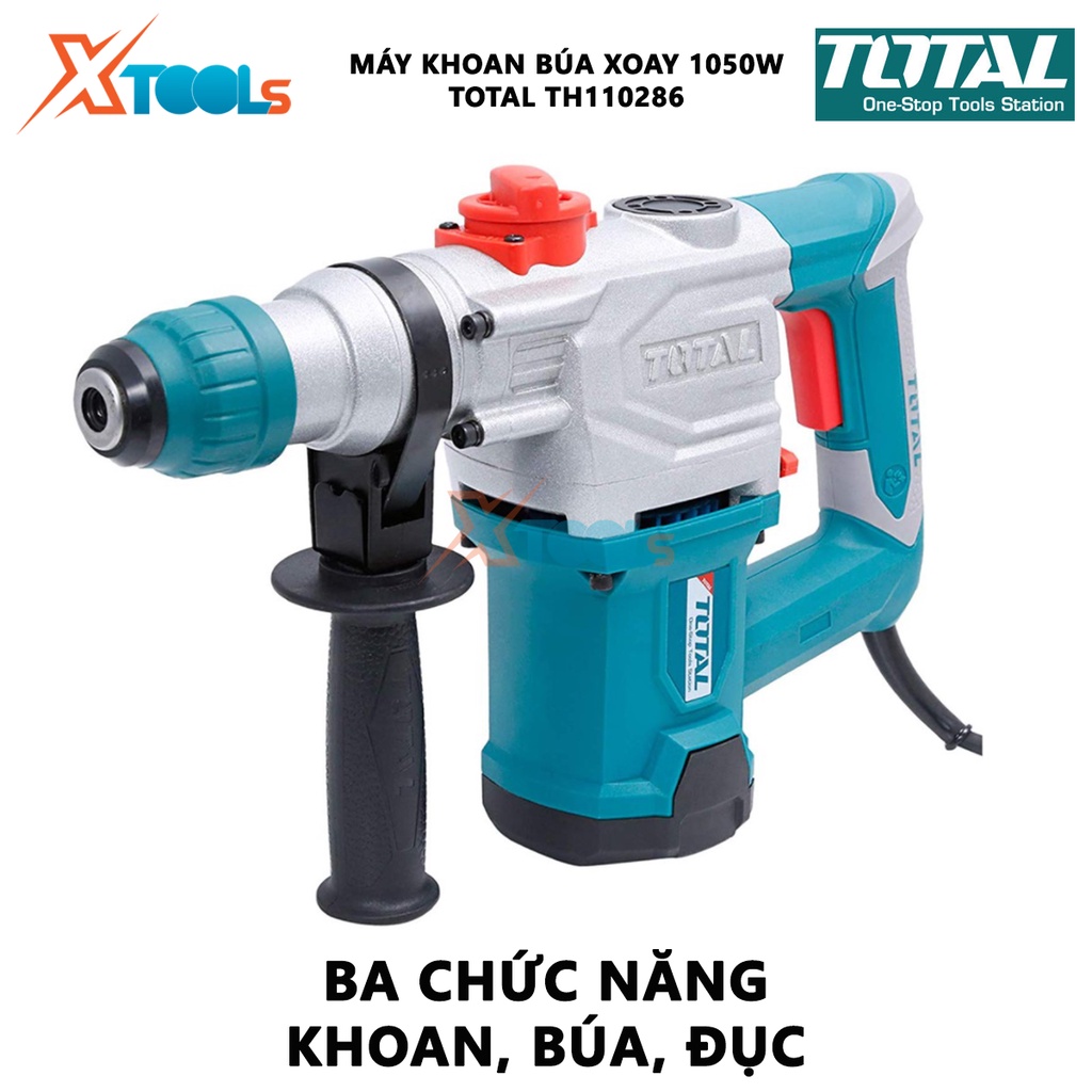Máy khoan búa cầm tay 1050w TOTAL TH110286 tốc độ 9000rpm; tốc độ đập 4000bpm, khả năng khoan bê tông 28 mm, đục 14mm, k