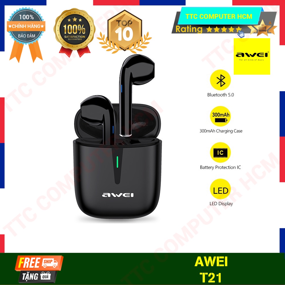 AWEI T21 | Tai Nghe Không Dây Mini Awei T21 Bluetooth 5.0 TWS Hỗ Trợ Sạc Nhanh Type C - HÀNG CHÍNH HÃNG TTC COPUTER HCM