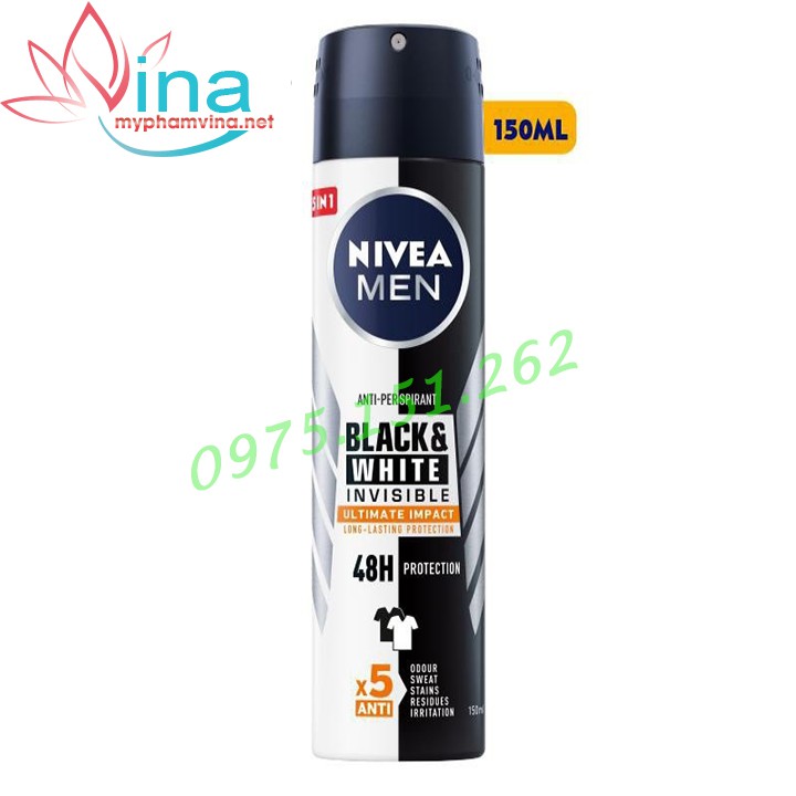 Xịt Ngăn Mùi NIVEA MEN Black &amp; White Ngăn Vệt Ố Vàng Vượt Trội 5in1 (150ml)