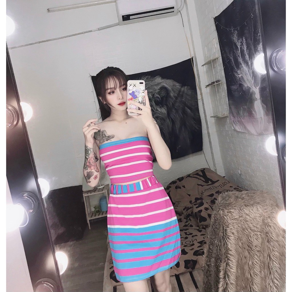 Sét bộ áo ống croptop phối chân váy sọc ngang cực xinh , chất thun dày dặn mềm mịn