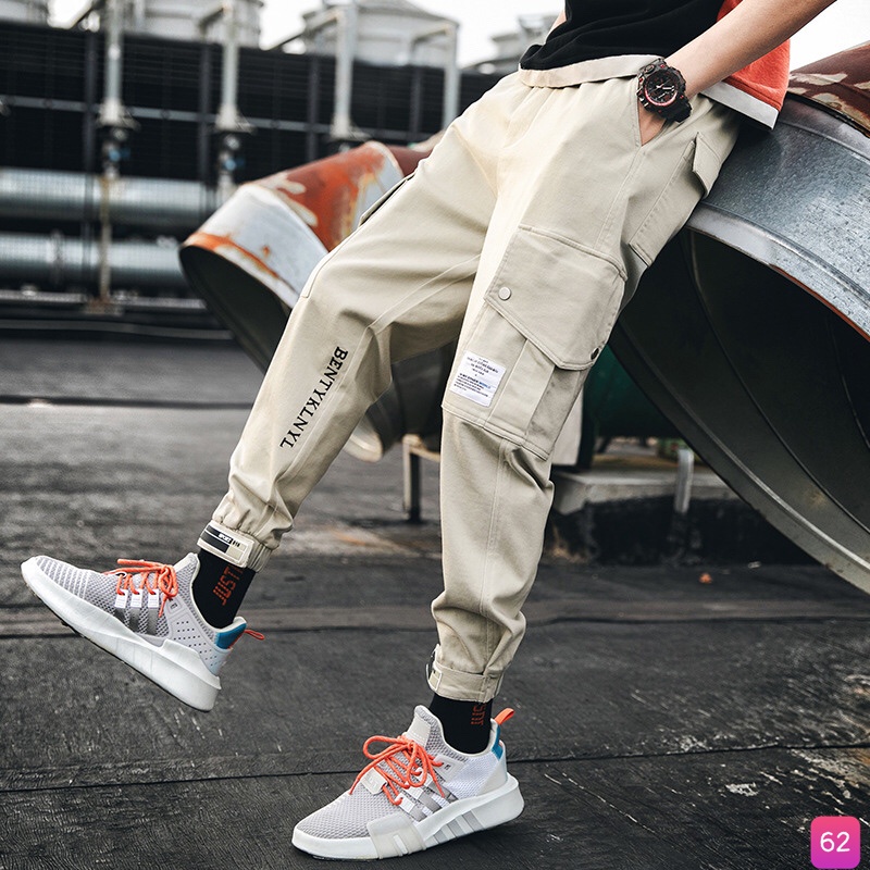 Quần Jogger Kaki thể thao lưng thun ống bó túi hộp đen kem phong cách M136