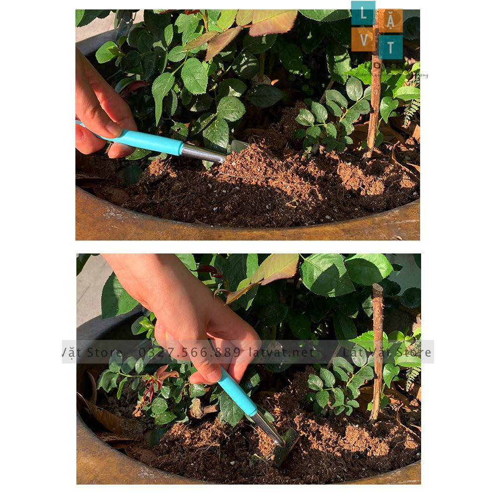 Bộ ba dụng cụ làm vườn mini gồm xẻng, cào và bay để làm chậu cây nhỏ, sen đá - Có 3 màu pastel