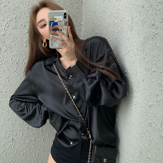 Áo sơ mi SUXI tay dài màu trơn dáng rộng hợp thời trang cho nữ