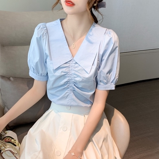 Áo nữ tay ngắn cổ peter pan màu xanh / vàng / trắng